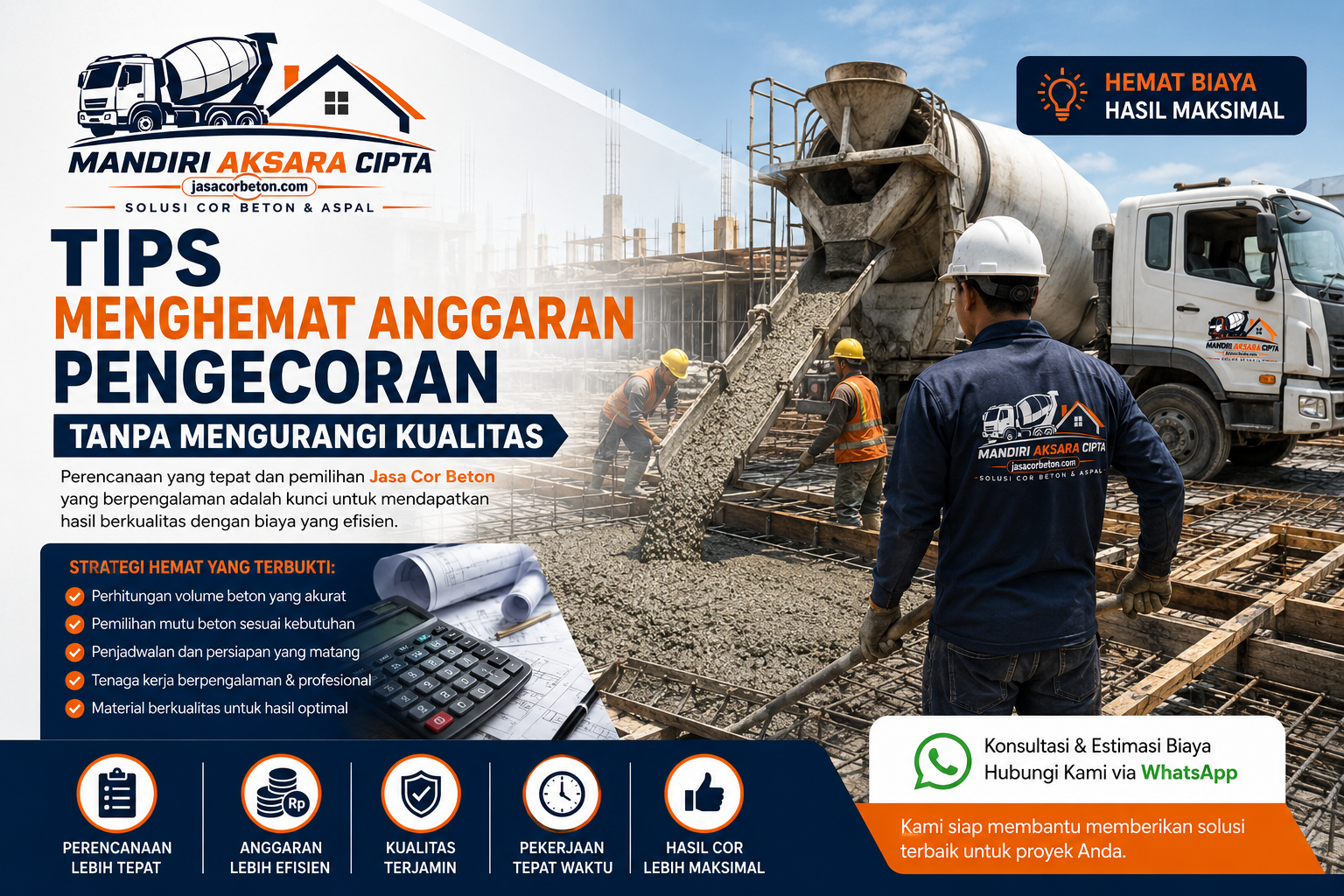 Pekerja melakukan pengecoran menggunakan beton ready mix pada proyek bangunan sebagai ilustrasi tips menghemat anggaran pengecoran tanpa mengurangi kualitas.