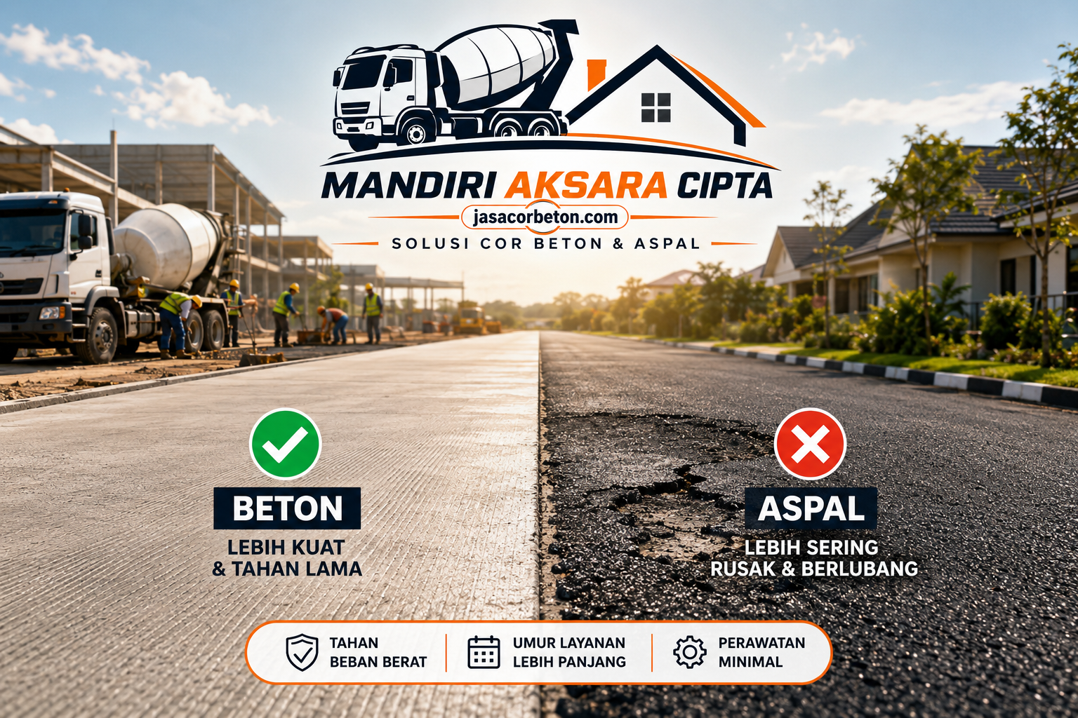 Kelebihan jalan beton dibanding aspal, mulai dari daya tahan, beban kendaraan, hingga biaya perawatan.