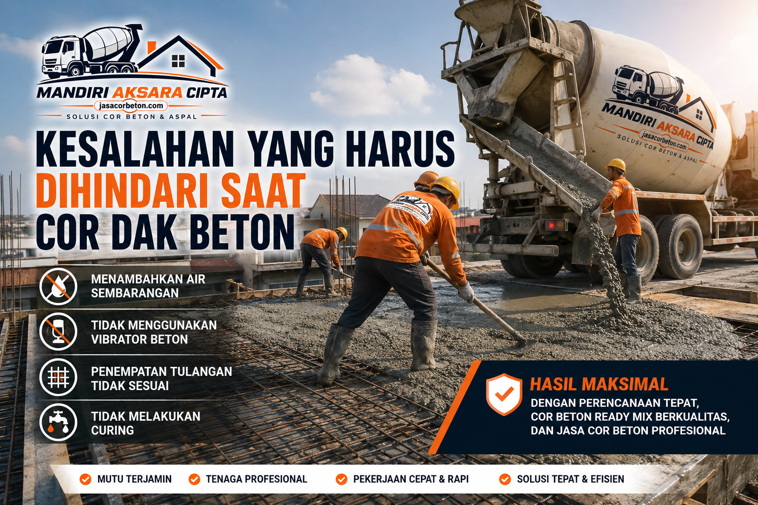 Kesalahan yang Harus Dihindari Saat Cor Dak Beton menggunakan Cor Beton Ready Mix agar hasil pengecoran lebih kuat, rata, dan tahan lama.