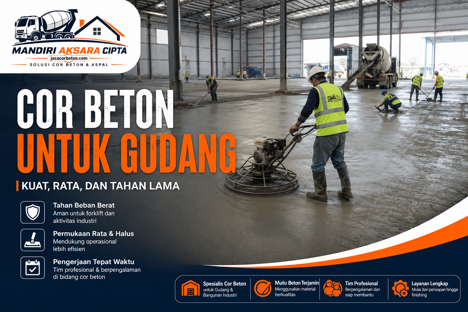 Butuh Cor Beton untuk Gudang yang kuat, rata, dan sesuai kebutuhan operasional? Pelajari cara memilih mutu beton, sistem pengecoran, dan Jasa Cor Beton untuk bangunan industri