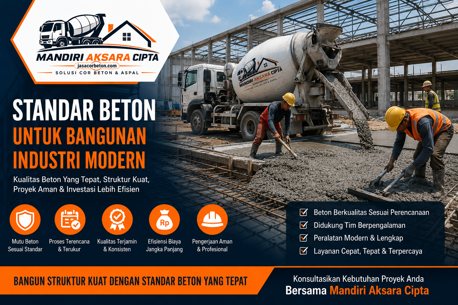 Standar beton untuk bangunan industri modern dengan proses pengecoran menggunakan concrete mixer dan tenaga profesional