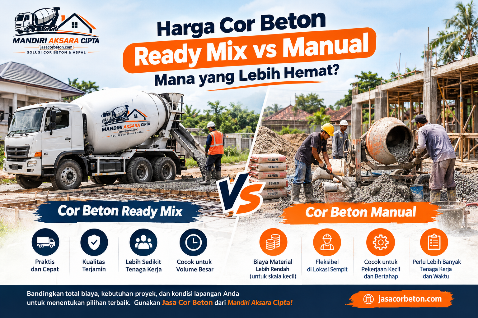 Harga Cor Beton Ready Mix vs Manual dengan perbandingan cor beton ready mix dan manual untuk berbagai kebutuhan proyek