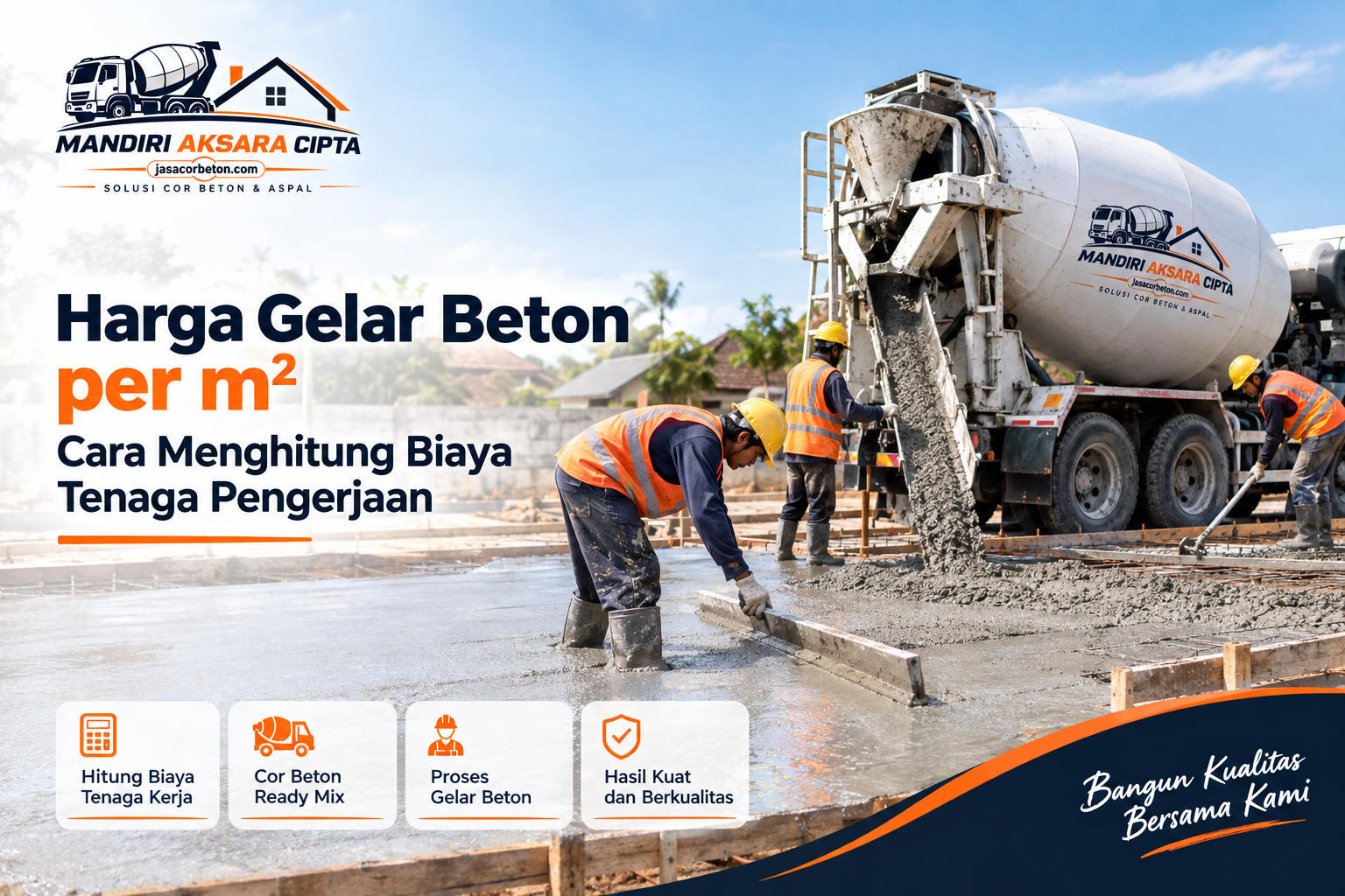 Harga Gelar Beton per m² untuk proses Cor Beton Ready Mix dan pengerjaan tenaga profesional di lokasi proyek