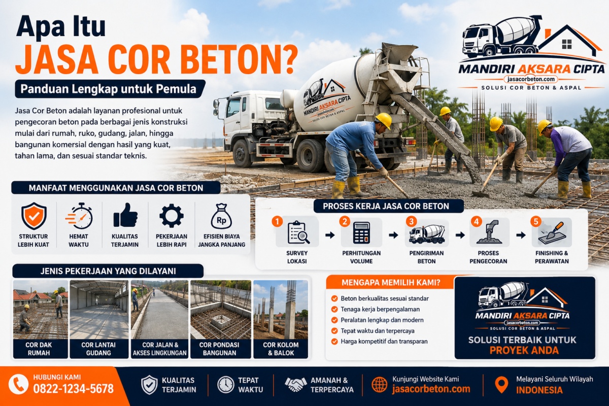Jasa Cor Beton profesional menggunakan truk mixer ready mix untuk pengecoran dak rumah, pondasi, jalan, dan bangunan konstruksi di Indonesia.