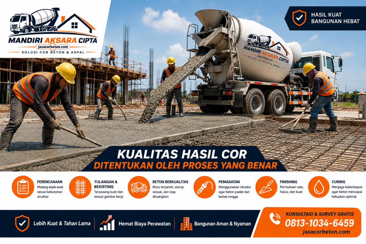 Kualitas Hasil Cor beton pada proses pengecoran menggunakan jasa cor beton profesional untuk menghasilkan struktur bangunan yang kuat, padat, dan tahan lama.