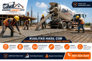 Kualitas Hasil Cor beton pada proses pengecoran menggunakan jasa cor beton profesional untuk menghasilkan struktur bangunan yang kuat, padat, dan tahan lama.
