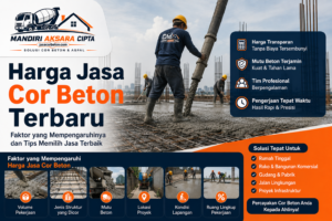 Harga jasa cor beton terbaru dengan layanan jasa cor beton profesional untuk rumah, ruko, gudang, jalan, dan proyek komersial di Indonesia menggunakan beton berkualitas.
