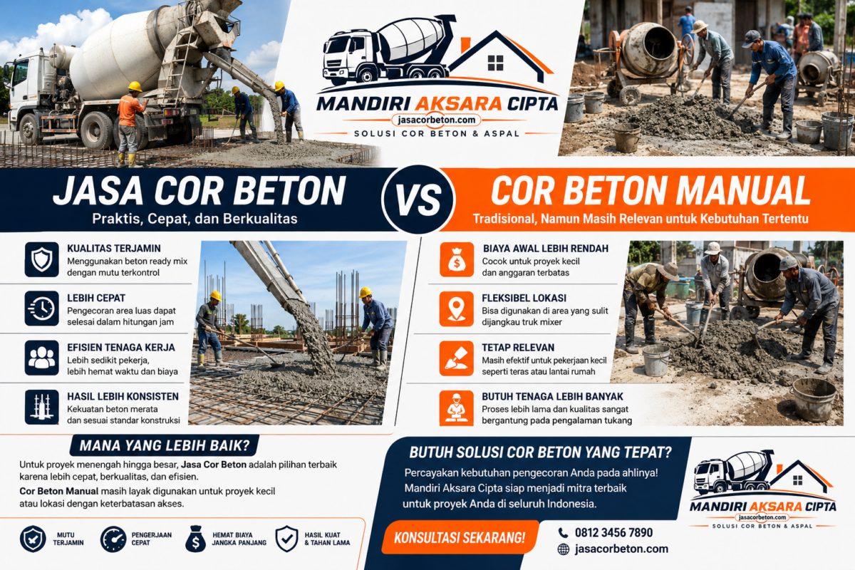 Infografis perbandingan Jasa Cor Beton dan Cor Beton Manual yang menampilkan keunggulan beton ready mix, kualitas beton, kecepatan pengerjaan, efisiensi tenaga kerja, serta penggunaan metode cor manual untuk proyek konstruksi di Indonesia.