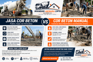Infografis perbandingan Jasa Cor Beton dan Cor Beton Manual yang menampilkan keunggulan beton ready mix, kualitas beton, kecepatan pengerjaan, efisiensi tenaga kerja, serta penggunaan metode cor manual untuk proyek konstruksi di Indonesia.