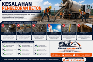 Infografis kesalahan pengecoran beton yang sering terjadi seperti penambahan air pada beton ready mix, bekisting tidak kokoh, proses pengecoran terlalu lama, serta cara menghindarinya menggunakan jasa cor beton profesional dari Mandiri Aksara Cipta.