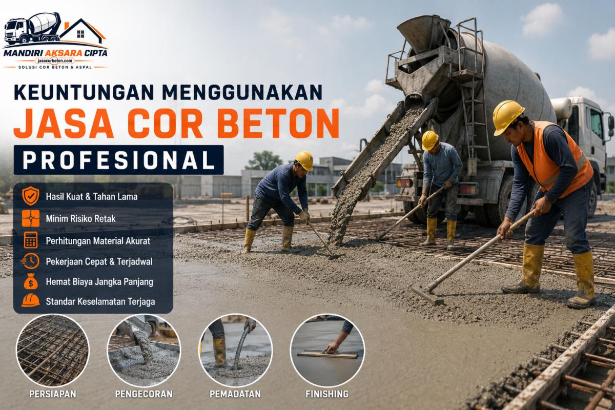 Pekerja konstruksi melakukan pengecoran beton menggunakan truk mixer pada proyek pembangunan dengan layanan jasa cor beton profesional untuk menghasilkan struktur yang kuat, rata, dan tahan lama.