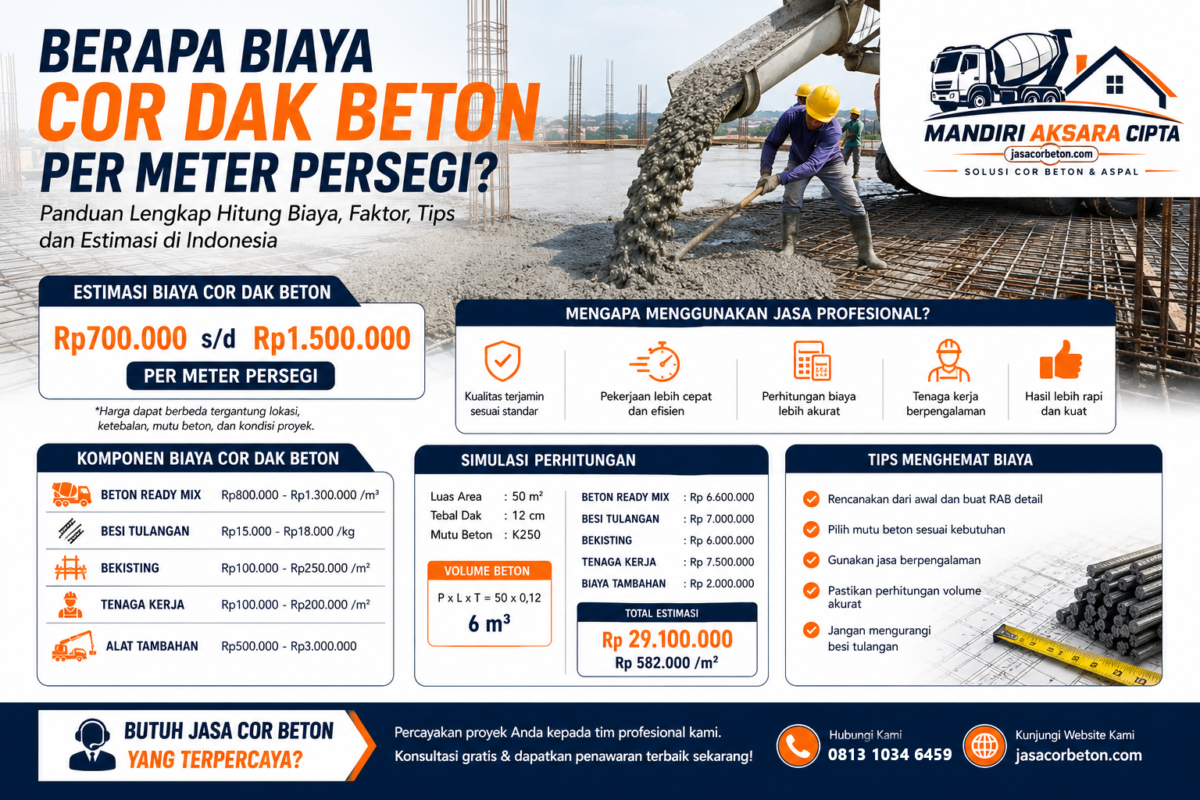 Biaya Cor Dak Beton per meter persegi lengkap dengan estimasi harga, simulasi perhitungan, dan layanan Jasa Cor Beton terpercaya di Indonesia.