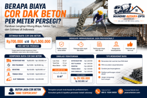 Biaya Cor Dak Beton per meter persegi lengkap dengan estimasi harga, simulasi perhitungan, dan layanan Jasa Cor Beton terpercaya di Indonesia.
