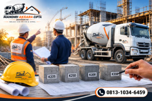 Ilustrasi truk beton ready mix di proyek konstruksi sebagai panduan memilih mutu beton ready mix yang tepat untuk rumah, gedung, dan bangunan komersial.