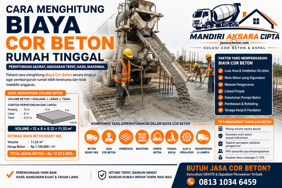 Infografis cara menghitung biaya cor beton rumah tinggal menggunakan beton ready mix lengkap dengan simulasi perhitungan, faktor penentu biaya, tips menghemat anggaran, serta layanan Mandiri Aksara Cipta.