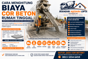Infografis cara menghitung biaya cor beton rumah tinggal menggunakan beton ready mix lengkap dengan simulasi perhitungan, faktor penentu biaya, tips menghemat anggaran, serta layanan Mandiri Aksara Cipta.