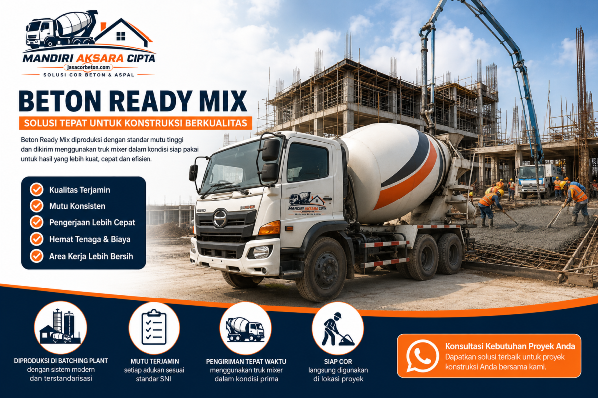 Truk Beton Ready Mix sedang melakukan pengecoran pada proyek konstruksi gedung menggunakan jasa cor beton profesional di Indonesia.