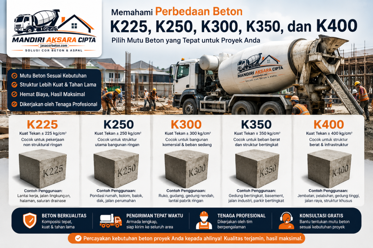 Infografis perbedaan beton K225, K250, K300, K350, dan K400 beserta fungsi, kuat tekan, contoh penggunaan, serta layanan Jasa Cor Beton