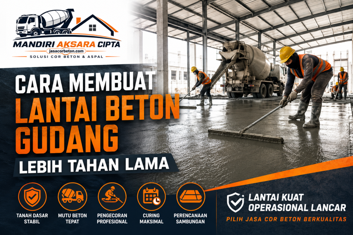 Lantai Beton Tahan Lama untuk gudang dengan proses pengecoran profesional menggunakan Jasa Cor Beton