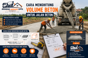 Menghitung Volume Beton untuk jalan beton menggunakan rumus panjang, lebar, dan tebal dengan ilustrasi pengecoran Beton Ready Mix