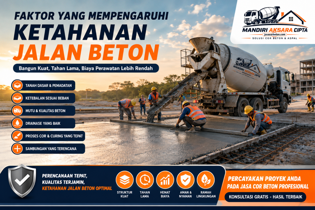 Ketahanan Jalan Beton dengan proses Cor Beton menggunakan truk mixer dan pekerja konstruksi profesional