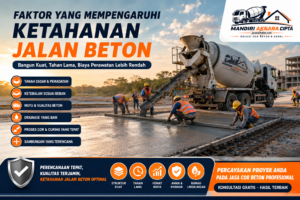 Ketahanan Jalan Beton dengan proses Cor Beton menggunakan truk mixer dan pekerja konstruksi profesional