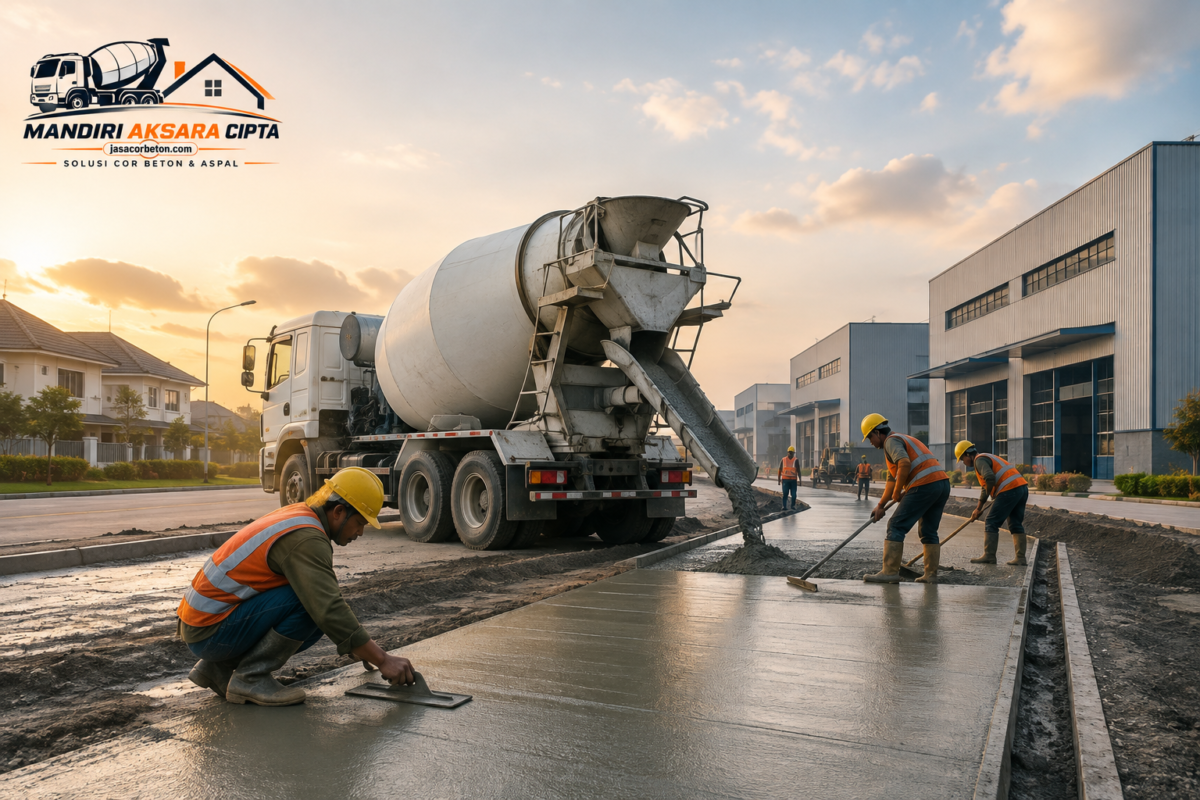 Jasa Cor Jalan Beton untuk perumahan dan kawasan industri dengan proses pengecoran jalan menggunakan beton ready mix