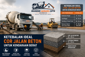 Ketebalan ideal Cor Jalan Beton untuk kendaraan berat dengan Beton Ready Mix, proses pengecoran jalan menggunakan truk mixer dan alat berat.
