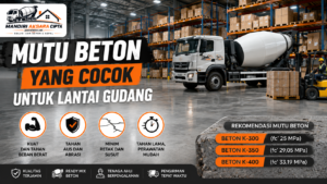 Mutu beton K-300, K-350, dan K-400 untuk lantai gudang dengan truk ready mix di area pergudangan Mandiri Aksara Cipta.