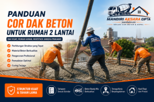 Panduan cor dak beton untuk rumah 2 lantai menggunakan beton ready mix dan jasa cor beton profesional dengan proses pengecoran sesuai standar konstruksi.