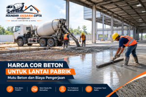 Pengecoran lantai pabrik menggunakan Beton Ready Mix dengan pekerja profesional dan alat konstruksi
