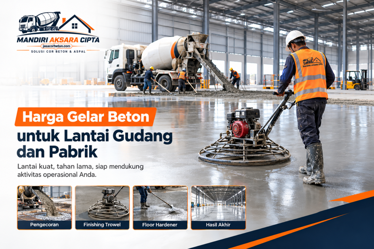 Harga gelar beton untuk lantai gudang dan pabrik dengan proses pengecoran, finishing trowel, dan floor hardener