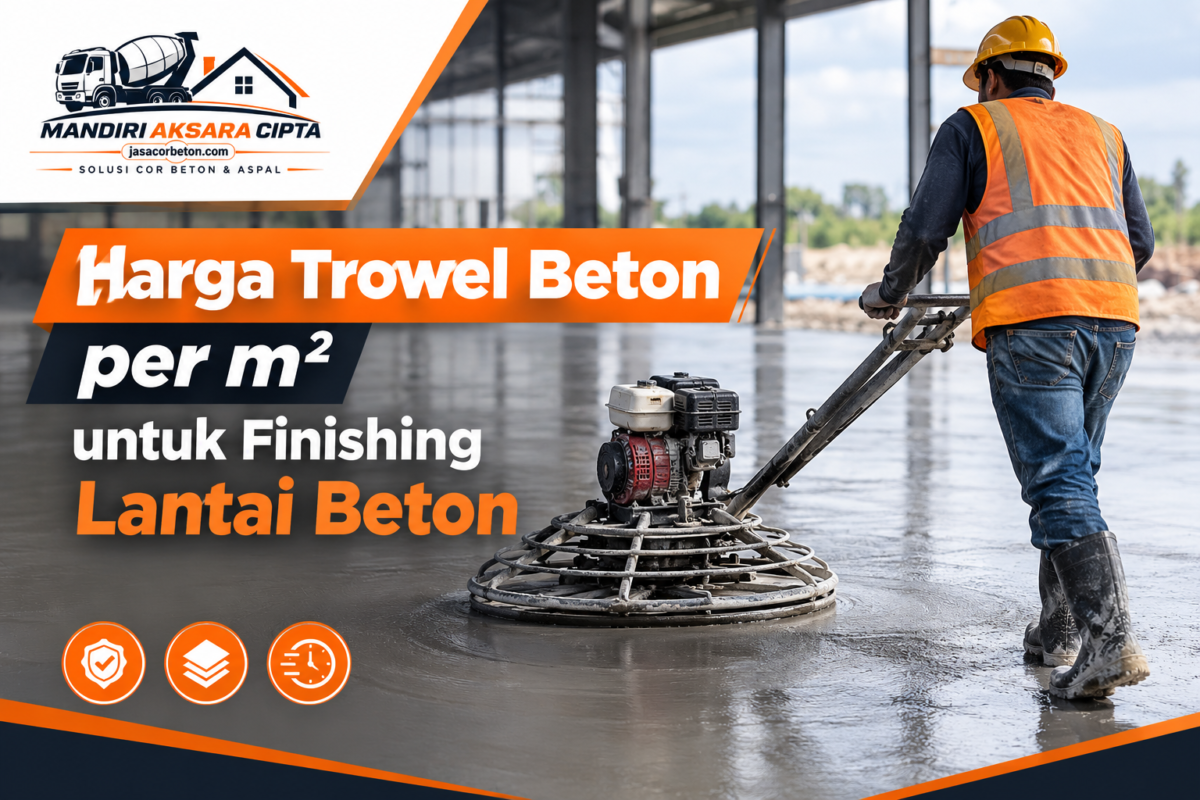 Proses finishing lantai beton menggunakan mesin trowel untuk menghasilkan permukaan beton yang halus dan rata.