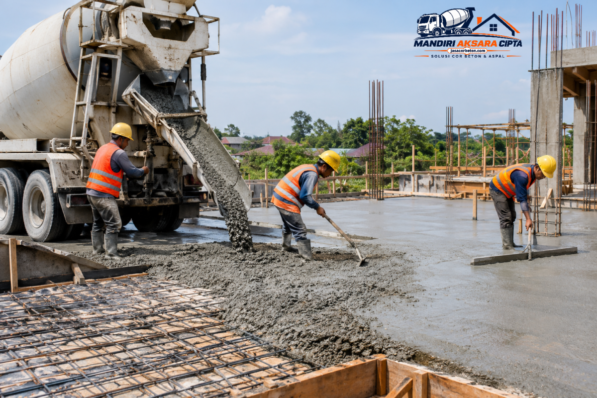 Jasa Gelar Beton Meliputi Apa Saja, mulai dari penuangan Beton Ready Mix, pemerataan, pemadatan, hingga finishing permukaan beton.